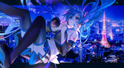 Rule 34 | 1girl, absurdly long hair, absurdres, black border, black skirt, black sleeves, blue eyes, blue hair, blue nails, blue theme, border, building, chromatic aberration, city, city lights, cityscape, collared shirt, commentary, detached sleeves, falling, floating hair, hair between eyes, hair ornament, hatsune miku, headphones, headset, highres, lace, lace-trimmed shirt, lace trim, light, long hair, looking up, nail polish, night, night sky, open mouth, outdoors, outside border, own hands together, pleated skirt, rumoon, shirt, sidelocks, skirt, sky, solo, tattoo, teikoku shoujo (vocaloid), tokyo (city), tokyo tower, twintails, very long hair, vocaloid, white shirt