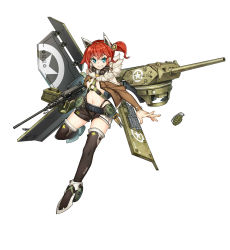 Rule 34 | 1girl, animal ears, black thighhighs, blue eyes, blush, cat ears, cu (fsy84738368), explosive, fake animal ears, full body, grenade, long sleeves, looking at viewer, navel, panzer maiden, parted lips, red hair, short hair, simple background, smile, solo, teeth, thighhighs, white background