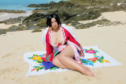 Rule 34 | 1girl, asian, barefoot, beach, black hair, blue eyes, boa hancock, boa hancock (cosplay), breasts, chouzuki maryou, cleavage, cosplay, curvy, earrings, female focus, hip focus, jewelry, large breasts, long hair, midriff, ocean, one piece, photo (medium), plump, sand, sash, shore, side slit, solo, thick thighs, thighs, towel, wide hips