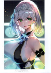 Rule 34 | 1girl, absurdres, bare shoulders, blurry, blurry background, blush, breasts, green eyes, grey hair, headset, highres, hololive, hololive idol uniform, jewelry, large breasts, official alternate costume, open mouth, ribbon, scan, shirogane noel, short hair, simple background, sleeveless, smile, sweat, sweatdrop, tiara, upper body, virtual youtuber, watao