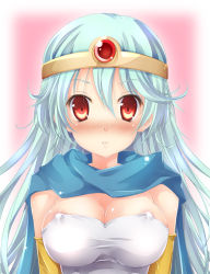 Rule 34 | 1girl, blue hair, blush, breasts, cape, chunsoft, circlet, cleavage, covered erect nipples, dragon quest, dragon quest iii, elbow gloves, enix, fujimoto akio, gloves, long hair, red eyes, sage (dq3), solo, upper body