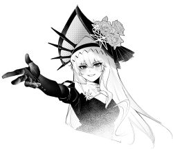 Rule 34 | 1girl, absurdres, arknights, blush, breasts, dress, elbow gloves, flower, gloves, greyscale, hat, hat flower, highres, long hair, looking at viewer, medium breasts, monochrome, outstretched arm, parted lips, rose, simple background, smile, soda (sod4), solo, specter (arknights), specter the unchained (arknights), upper body, very long hair, white background