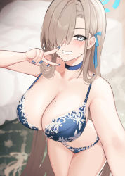 Rule 34 | 1girl, asuna (blue archive), bare shoulders, blue archive, blue bra, blue eyes, blue panties, blush, bra, breasts, choker, cleavage, collarbone, grin, hair over one eye, halo, hayabusa, highres, large breasts, light brown hair, long hair, looking at viewer, panties, smile, solo, thighs, underwear, v, very long hair