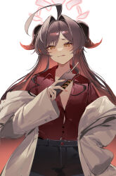 Rule 34 | 1girl, absurdres, ahoge, black shorts, blue archive, blush, brown hair, button gap, coat, coat partially removed, demon horns, fingernails, flat chest, hair intakes, halo, highres, horns, huge ahoge, kasumi (blue archive), lab coat, long hair, looking at viewer, nail polish, open collar, red shirt, shibuya (kurokamishain), shirt, shirt tucked in, shorts, simple background, smile, solo, tongue, tongue out, very long hair, white background, white coat