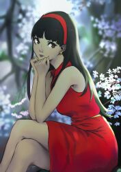 Rule 34 | 1girl, absurdres, amagi yukiko, bare shoulders, black hair, blunt bangs, blurry, blurry background, breasts, brown eyes, chin, closed mouth, crossed legs, dress, earrings, expressionless, flower, hairband, hands on own chin, highres, ikanote, jewelry, long hair, looking at viewer, medium breasts, persona, persona 4, red dress, red hairband, sitting, sleeveless, solo, spring (season)