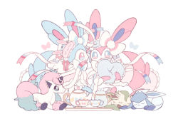 Rule 34 | alternate color, bad id, bad pixiv id, bow, closed mouth, commentary request, creatures (company), cup, frills, galarian form, galarian ponyta, game freak, gen 4 pokemon, gen 6 pokemon, gen 8 pokemon, glaceon, highres, holding cushion, leafeon, lying, moco font, nintendo, on stomach, pokemon, pokemon (creature), shiny and normal, shiny pokemon, sleeping, sylveon, teacup, teapot, toes, tray, white background