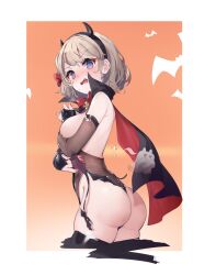Rule 34 | 1girl, @ @, areola slip, ass, azur lane, bat background, black cape, black gloves, black hairband, black leotard, blush, border, breast hold, breasts, cape, commentary, cowboy shot, cropped legs, elbow gloves, fake horns, fang, gloves, hairband, halloween costume, highres, horns, kaede (yumesaki kaede), large breasts, leotard, light brown hair, looking at viewer, looking back, open mouth, orange background, purple eyes, short hair, simple background, solo, symbol-only commentary, two-sided cape, two-sided fabric, wardrobe malfunction, white border, z23 (azur lane)