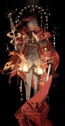 Rule 34 | 1boy, amakusa shirou (fate), balance scale, brown eyes, cape, character name, chinese commentary, commentary, cross, cross necklace, dark-skinned male, dark skin, earrings, english commentary, fate/grand order, fate (series), fire, hexagram, holding, holding polearm, holding weapon, jewelry, justice (tarot), katana, light smile, long sleeves, looking at viewer, male focus, necklace, polearm, shiny clothes, short hair, smile, solo, sparkle, star (symbol), star of david, starshadowmagician, stole, sword, tarot, tarot (medium), text background, weapon, weighing scale, white hair, yellow eyes