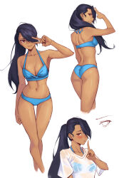 Rule 34 | 1girl, ass, bare arms, bare legs, bare shoulders, bikini, black hair, blue bikini, breasts, cleavage, commentary request, cropped legs, dark skin, hand up, highres, long hair, looking at viewer, medium breasts, multiple views, navel, original, phrecklesart, ponytail, red eyes, shirt, simple background, smile, standing, stomach, swimsuit, thighs, v, very long hair, white background, white shirt