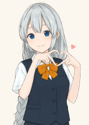 Rule 34 | 1girl, absurdres, beige background, blue eyes, blue skirt, blue vest, bow, bowtie, braid, commentary, grey hair, hands up, heart, heart hands, highres, kizuna akari, long hair, looking at viewer, minatsuki (m1natsuk1), orange bow, orange bowtie, shirt, short sleeves, skirt, smile, solo, symbol-only commentary, twin braids, upper body, very long hair, vest, voiceroid, white shirt