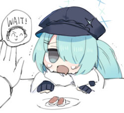 Rule 34 | 1boy, 1girl, doodle sensei (blue archive), black sweater, blue archive, cabbie hat, chibi, commentary, crying, crying with eyes open, drooling, english text, food, grey eyes, hair ornament, hair over one eye, hairclip, halo, hand up, hat, hat ornament, hiyori (blue archive), hungry, light green hair, long bangs, long hair, mouth drool, open mouth, out of frame, plate, ponytail, scarf, sensei (blue archive), speech bubble, sushi, sweater, tears, training, trembling, walter (diereinewelt), white background, white scarf