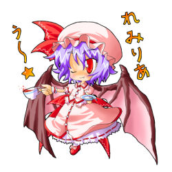 Rule 34 | 1girl, bad id, bad pixiv id, bat wings, blue hair, chibi, female focus, full body, hat, kabe, kabe (east abyss), lowres, one eye closed, remilia scarlet, ribbon, short hair, simple background, skirt, solo, touhou, white background, wings, wink