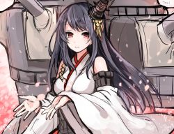 Rule 34 | 10ri, 10s, 1girl, artist name, black hair, cherry blossoms, detached sleeves, fusou (kancolle), hair ornament, kantai collection, long hair, nontraditional miko, petals, red eyes, smile, tori (10ri), turret