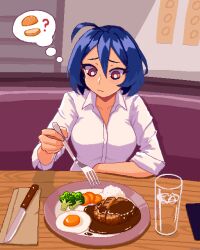 Rule 34 | 1girl, ahoge, blue hair, bright pupils, broccoli, closed mouth, collared shirt, commentary, egg (food), endless monday: dreams and deadlines, english commentary, food, fork, glass, hamburger steak, hcnone, highres, holding, holding fork, knife, looking down, original, paper towel, pixel art, red eyes, rice, shirt, skye (hcnone), sleeves rolled up, solo, table, thinking, thought bubble, upper body, water, white pupils, white shirt, wooden table