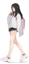 Rule 34 | 1girl, ama mitsuki, backpack, bag, bare legs, black eyes, black hair, bubble tea, commentary request, cup, disposable cup, drinking, drinking straw, full body, highres, jacket, medium hair, original, pink footwear, randoseru, shoes, short shorts, shorts, simple background, sneakers, solo, walking, white background, white jacket