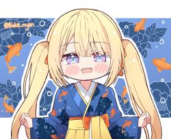 Rule 34 | 1girl, blonde hair, blue eyes, blush, chibi, hair ornament, hololive, hololive english, japanese clothes, kimono, kukie-nyan, long hair, looking at viewer, open mouth, smile, solo, twintails, virtual youtuber, watson amelia, watson amelia (new year)
