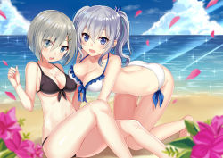 Rule 34 | 10s, 2girls, ass, bad id, bad pixiv id, beach, bikini, blue eyes, blurry, breasts, butt crack, cloud, cloudy sky, day, depth of field, eyes visible through hair, flower, hair ornament, hair over one eye, hairclip, hamakaze (kancolle), harimoji, horizon, kantai collection, kashima (kancolle), large breasts, multiple girls, outdoors, petals, shore, silver hair, sky, sparkle, swimsuit, twintails, wavy hair