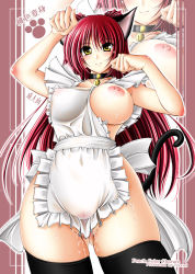 Rule 34 | 00s, 1girl, animal ears, apron, breasts, cat ears, cat tail, collar, female pubic hair, kemonomimi mode, kousaka tamaki, large breasts, long hair, naked apron, nipples, otone, otone (artist), pubic hair, red hair, see-through, solo, sweat, tail, thighhighs, to heart (series), to heart 2