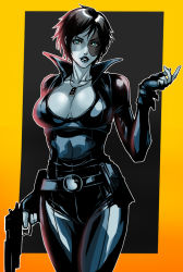 Rule 34 | 10s, 1girl, animification, black background, black hair, blue eyes, bodysuit, border, breasts, cleavage, collarbone, cowboy shot, dark, domino (marvel), eyelashes, gun, handgun, jewelry, large breasts, latex, lips, lipstick, looking at viewer, makeup, marksman, marvel, necklace, parted lips, pendant, pistol, shibusun, short hair, simple background, skin tight, solo, standing, teeth, weapon, x-men