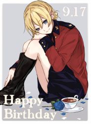 Rule 34 | 1girl, black footwear, black skirt, blonde hair, blue eyes, blue flower, blue rose, boots, braid, closed mouth, commentary, cup, darjeeling (girls und panzer), dated, english text, epaulettes, flower, girls und panzer, grey background, happy birthday, hugging own legs, jacket, knee boots, long sleeves, looking at viewer, military, military uniform, miniskirt, outside border, petals, pleated skirt, red jacket, rose, saucer, short hair, sitting, skirt, smile, solo, st. gloriana&#039;s military uniform, tea, teacup, uniform, yuuyu (777)