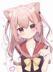 Rule 34 | 1girl, animal ear fluff, animal ears, black shirt, blush, bow, brown hair, cat ears, collarbone, commentary request, drawn tail, drawn whiskers, face filter, hand up, head tilt, heart, inui sajuna, kemonomimi mode, long hair, looking at viewer, miyasaka naco, notice lines, parted lips, paw pose, red sailor collar, sailor collar, school uniform, serafuku, shirt, short sleeves, simple background, sono bisque doll wa koi wo suru, star (symbol), two side up, upper body, white background, yellow bow