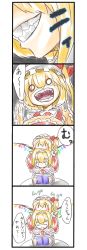 Rule 34 | &gt;:d, 2girls, 4koma, :d, absurdres, alice margatroid, annoyed, ascot, biting, blonde hair, blush stickers, book, bow, capelet, chibi, comic, evil grin, evil smile, closed eyes, flandre scarlet, grin, hairband, hat, hat bow, head biting, highres, holding, holding book, lolita hairband, long sleeves, mob cap, multiple girls, o o, one-hour drawing challenge, open book, open mouth, reading, shaded face, sharp teeth, short hair, short sleeves, side ponytail, sitting, smile, table, teeth, touhou, translation request, v-shaped eyebrows, wings, yada (xxxadaman), | |, || ||