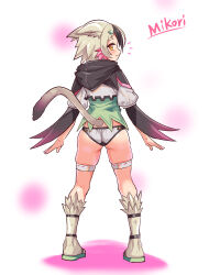Rule 34 | 1girl, animal ears, animal hood, ass, black capelet, black hair, boots, capelet, cat ears, cat girl, cat hood, cat tail, character name, closed mouth, commentary, cougar (cougar1404), from behind, full body, green shirt, grey footwear, grey hair, grey panties, grey shirt, hair ornament, hood, hood down, hooded capelet, looking at viewer, looking back, mikori (cougar1404), multicolored hair, multicolored shirt, no pants, notice lines, original, panties, pink hair, shirt, short hair, short sleeves, smile, solo, standing, tail, thigh strap, underwear, yellow eyes