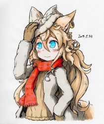 Rule 34 | 1girl, animal ear fluff, animal ears, blue eyes, blush, brown gloves, brown sweater, closed mouth, coat, dated, earrings, fox ears, fox girl, fox tail, gloves, grey coat, grey hat, hair between eyes, hand up, hat, jewelry, kazekiri, light brown hair, long hair, open clothes, open coat, original, red scarf, scarf, simple background, single earring, smile, solo, sweater, tail, traditional media, upper body, very long hair, white background