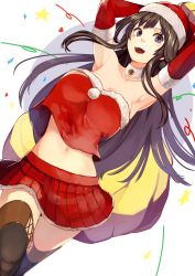 Rule 34 | 10s, 1girl, :d, alternate costume, artist request, bad id, bad twitter id, black hair, boots, breasts, brown hair, choker, cleavage, fur trim, gloves, hat, highres, houmatu awa, kantai collection, kongou (kancolle), long hair, looking at viewer, medium breasts, midriff, miniskirt, navel, open mouth, pleated skirt, purple eyes, red gloves, sack, santa costume, santa hat, skirt, smile, solo, thigh boots, thighhighs, zettai ryouiki