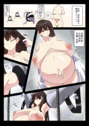 Rule 34 | 1girl, armpits, bestiality, blue ribbon, breasts, brown eyes, brown hair, collarbone, enemy naval mine (kancolle), hair between eyes, hair down, hair ribbon, highres, huge breasts, japanese clothes, japanese text, kaga (kancolle), kantai collection, konoshige (ryuun), long hair, machinery, navel, nipples, nude, ovum, pregnant, restrained, ribbon, side ponytail, stretch marks, translated, undressing, x-ray