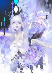 Rule 34 | 1girl, armpits, bad id, bad pixiv id, bare shoulders, blue eyes, blue flower, blue tongue, breasts, colored skin, commentary request, dress, fangs, feathered wings, flower, hair flower, hair ornament, highres, large breasts, looking at viewer, low wings, medium breasts, ohisashiburi, open mouth, original, outstretched arms, short hair, silver hair, slit pupils, smoke, solo, upper body, wedding dress, white skin, wings