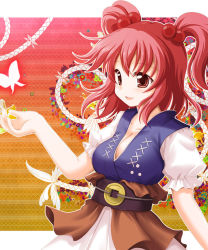 Rule 34 | 1girl, belt, blush, breasts, cleavage, flower, hair between eyes, hair bobbles, hair ornament, japanese clothes, kinagi yuu, large breasts, long hair, looking at viewer, multicolored background, multicolored clothes, onozuka komachi, open mouth, puffy sleeves, red eyes, red hair, short sleeves, solo, touhou, twintails, white sleeves