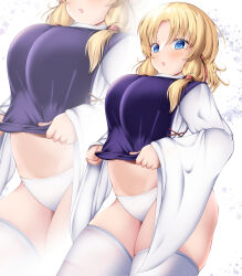 Rule 34 | 1girl, absurdres, alternate breast size, blonde hair, blue eyes, blush, breasts, commentary request, cowboy shot, hair ribbon, highres, large breasts, long sleeves, looking at viewer, medium hair, moriya suwako, musi tino, navel, no headwear, no pants, open mouth, panties, parted bangs, purple vest, red ribbon, ribbon, see-through, see-through legwear, shirt, sleeves past wrists, solo, thick thighs, thighhighs, thighs, touhou, underwear, undressing, vest, white background, white panties, white shirt, white thighhighs, wide sleeves, zoom layer