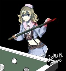 Rule 34 | 1girl, artist name, ball, bamboo, belt, beret, billiard ball, black background, blonde hair, blood, blood on clothes, blood on face, blood splatter, blue eyes, blue jacket, blue skirt, clip studio paint (medium), commentary, dated, empty eyes, fingerless gloves, gameplay mechanics, girls&#039; frontline, gloves, grin, hat, holding, holding bamboo shoot, jacket, korean commentary, long hair, looking at viewer, madcore, midriff, ots-44 (girls&#039; frontline), pink hat, pool table, shaded face, simple background, skirt, smile, solo, suspenders, table, weapon