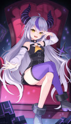Rule 34 | 1girl, :d, absurdres, ahoge, ankle cuffs, armchair, black dress, black footwear, boots, chair, crossed legs, demon horns, detached sleeves, dress, grey hair, hair between eyes, highres, hololive, horns, la+ darknesss, long hair, long sleeves, multicolored hair, open mouth, oridays, pointy ears, purple hair, purple thighhighs, single thighhigh, sitting, smile, solo, streaked hair, thighhighs, v-shaped eyebrows, v over eye, very long hair, virtual youtuber, yellow eyes