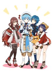 2boys 2girls absurdres alternate_costume bandaid bandaid_on_leg black_coat black_gloves blue_eyes blue_hair blue_socks brown_hair brown_shorts brown_thighhighs chinese_clothes chongyun_(genshin_impact) closed_eyes closed_mouth coat dress eyewear_on_head flower-shaped_pupils genshin_impact gloves guoba_(genshin_impact) hair_between_eyes hair_ornament hat high_heels highres holding holding_removed_eyewear hu_tao_(cherries_snow-laden)_(genshin_impact) hu_tao_(genshin_impact) jacket long_hair long_sleeves looking_at_viewer multicolored_footwear multiple_boys multiple_girls nga_(ngchyk) official_alternate_costume open_mouth pants ponytail red-framed_eyewear red_eyes red_footwear red_jacket red_skirt short_hair shorts skirt smile socks sunglasses symbol-shaped_pupils teeth thighhighs twintails unworn_eyewear white_background white_dress white_footwear white_hat white_hood white_pants white_shorts white_sleeves xiangling_(genshin_impact) xiangling_(new_year&#039;s_cheer)_(genshin_impact) xingqiu_(bamboo_rain)_(genshin_impact) xingqiu_(genshin_impact) yellow_eyes