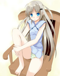 Rule 34 | bad feet, barefoot, blue eyes, chair, china dress, chinese clothes, dress, feet, flat chest, highres, hugging own legs, little busters!, long hair, looking at viewer, noumi kudryavka, panties, quality, shigen, silver hair, sitting, solo, striped clothes, striped panties, underwear