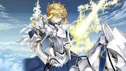 Rule 34 | 1girl, ahoge, armor, armored dress, artoria pendragon (all), artoria pendragon (fate), artoria pendragon (lancer) (fate), barding, blonde hair, blue dress, breastplate, cape, chibi, chibi inset, cross, crown, dress, fate/grand order, fate (series), fur trim, gauntlets, glowing, glowing weapon, green eyes, horse, ishida akira, looking at viewer, reins, riding, saber (fate), serious, short hair with long locks, solo, weapon