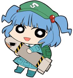Rule 34 | &gt;:), &gt;:d, 1girl, :d, backpack, bag, blue dress, blue hair, blunt bangs, boots, chibi, dress, female focus, full body, hair bobbles, hair ornament, hat, kawashiro nitori, long sleeves, looking at viewer, missile, no nose, open mouth, pocket, simple background, smile, solo, standing, touhou, twintails, two side up, ume (noraneko), v-shaped eyebrows, white background