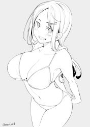 Rule 34 | 1girl, bikini, blush, breasts, cleavage, greyscale, grin, hair ornament, hairclip, kichihachi, large breasts, long hair, looking at viewer, monochrome, navel, original, smile, solo, stretching, swimsuit