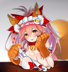 Rule 34 | 1girl, :3, animal ears, animal hands, apron, apron pull, bell, breasts, cleavage, clothes pull, collar, fate/grand order, fate (series), fox ears, fox tail, gloves, hair ribbon, hatoyama itsuru, highres, large breasts, leaning forward, long hair, looking at viewer, naked apron, neck bell, no bra, open mouth, paw gloves, pink hair, ribbon, table, tail, tamamo (fate), tamamo cat (fate), tamamo cat (third ascension) (fate), tamamo no mae (fate/extra), upper body, wavy mouth, yellow eyes