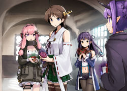 Rule 34 | 4girls, :o, arknights, azur lane, bad food, black legwear, black shorts, box, breasts, brown hair, crossover, detached sleeves, ebizome, gift, gift box, girls&#039; frontline, green skirt, hair bun, hair intakes, hair ornament, hair ribbon, headgear, headphones, hibiscus (arknights), hiei (kancolle), highres, holding, holding gift, horns, indoors, jacket, japanese clothes, k31 (girls&#039; frontline), kantai collection, long hair, long sleeves, midriff, mullany (azur lane), multiple crossover, multiple girls, navel, nontraditional miko, off shoulder, open mouth, pantyhose, pink hair, plaid, plaid skirt, pointy ears, purple eyes, purple hair, ribbon, ribbon-trimmed sleeves, ribbon trim, short hair, shorts, sidelocks, single hair bun, skirt, sweat, thigh strap, thighhighs, trait connection, tress ribbon, valentine, wide sleeves, yellow eyes