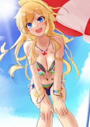 Rule 34 | 10s, 1girl, bare shoulders, bead bracelet, beads, bikini, blonde hair, blue bikini, blue eyes, bracelet, breasts, cleavage, collarbone, day, front-tie bikini top, front-tie top, hands on own knees, idolmaster, idolmaster cinderella girls, jewelry, kiyu rei, large breasts, leaning forward, legs, lens flare, long hair, looking at viewer, looking down, mismatched bikini, multicolored bikini, multicolored clothes, navel, necklace, ohtsuki yui, open mouth, outdoors, parasol, ponytail, short shorts, shorts, sidelocks, sketch, sky, smile, solo, striped bikini, striped clothes, sun, swimsuit, umbrella, wavy hair