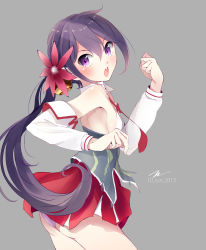 Rule 34 | 1girl, akebono (kancolle), armpits, ass, asymmetrical hair, bad id, bad pixiv id, bare shoulders, bell, breasts, clenched hand, corset, cosplay, detached sleeves, flower, from side, grey background, hair bell, hair flower, hair ornament, highres, jingle bell, kantai collection, littorio (kancolle), littorio (kancolle) (cosplay), long hair, looking at viewer, miniskirt, open mouth, panties, pantyshot, pleated skirt, purple eyes, purple hair, purple panties, shirt, side ponytail, sideboob, simple background, skirt, sleeveless, sleeveless shirt, small breasts, solo, standing, tebi (tbd11), underwear, very long hair