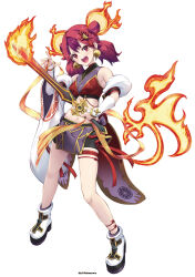 Rule 34 | 1girl, :d, arm guards, bare shoulders, bike shorts, black shorts, boots, breasts, commentary request, detached sleeves, double bun, duel monster, fire, full body, ha-re the sword mikanko, hair bun, holding, holding sword, holding weapon, looking at viewer, low twintails, medium breasts, multicolored hair, nail polish, nakazawa aki, navel, open mouth, pelvic curtain, puffy short sleeves, puffy sleeves, purple hair, red eyes, red hair, round teeth, short shorts, short sleeves, short twintails, shorts, smile, solo, standing, streaked hair, sword, teeth, twintails, upper teeth only, v-shaped eyebrows, weapon, white footwear, white sleeves, yu-gi-oh!