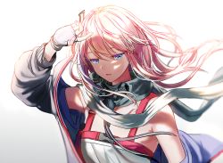 Rule 34 | 1girl, arm up, bad id, bad twitter id, bare shoulders, black gloves, black jacket, blue eyes, expressionless, fingerless gloves, floating hair, girls&#039; frontline, gloves, jacket, long hair, looking at viewer, off shoulder, open clothes, open jacket, parted lips, pink hair, scarf, shirt, silence girl, simple background, sleeveless, sleeveless shirt, solo, st ar-15 (girls&#039; frontline), white background, white shirt