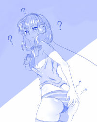 Rule 34 | 1girl, ?, ass, blue theme, bow, breasts, cellphone, character request, hair bow, headphones, highres, line (naver), long hair, looking back, low-tied long hair, medium breasts, monochrome, pain, panties, phone, sideboob, smartphone, solo, striped clothes, striped panties, sweatdrop, tank top, thighhighs, underwear, viperxtr