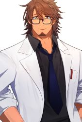 Rule 34 | 1boy, bad id, bad pixiv id, belmond banderas, black-framed eyewear, black shirt, blue necktie, brown eyes, brown hair, choco (chocovix112), collared shirt, facial hair, formal, glasses, hair between eyes, highres, jacket, long hair, long sleeves, looking at viewer, male focus, necktie, nijisanji, open clothes, open jacket, shirt, simple background, solo, stubble, suit, thick eyebrows, virtual youtuber, white background, white jacket