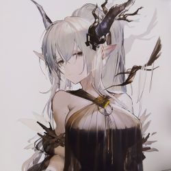 Rule 34 | 1girl, arknights, bare shoulders, breasts, demon girl, demon horns, grey eyes, highres, horns, liduke, long hair, official alternate costume, pointy ears, ponytail, shining (arknights), shining (silent night) (arknights), silver hair, solo, swimsuit, upper body