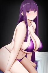 Rule 34 | 1girl, arind yudha, bikini, black background, blush, breasts, cleavage, fern (sousou no frieren), from side, highres, large breasts, looking at viewer, looking to the side, navel, purple bikini, purple eyes, purple hair, simple background, solo, sousou no frieren, swimsuit, thighs
